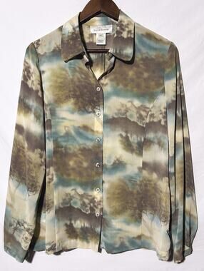 Susan Bristol Abstract Print Sheer Long Sleeve Shirt Medium